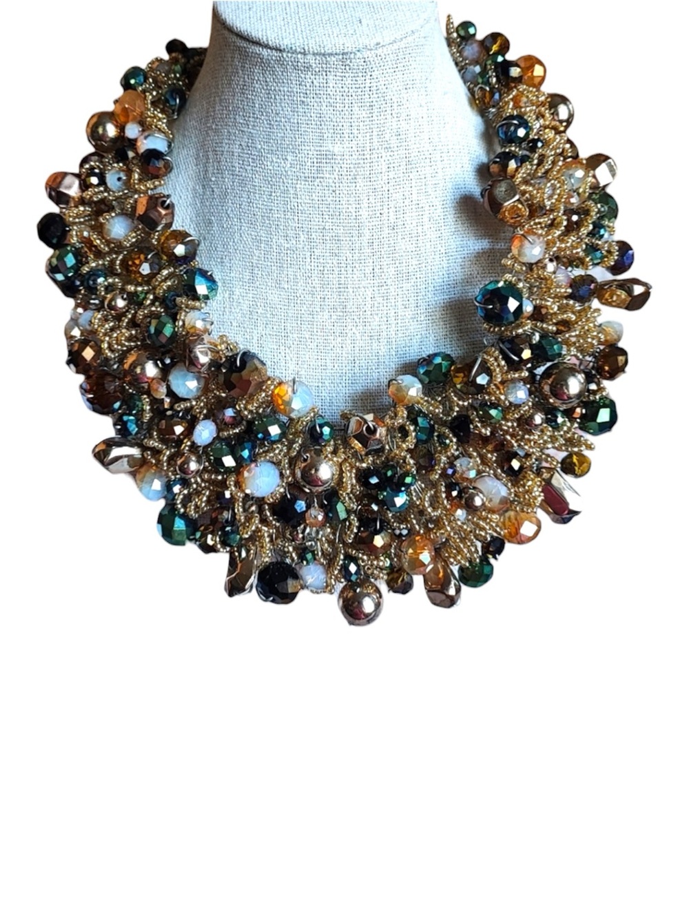 ALDO Gold Beaded Statement Necklace | Emerald & Amber Crystal Accents | NWT